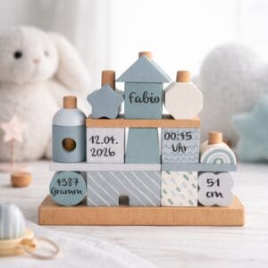 Steckspielhaus blau personalisiert mit Name aus Holz im Kinderzimmer dekorativ