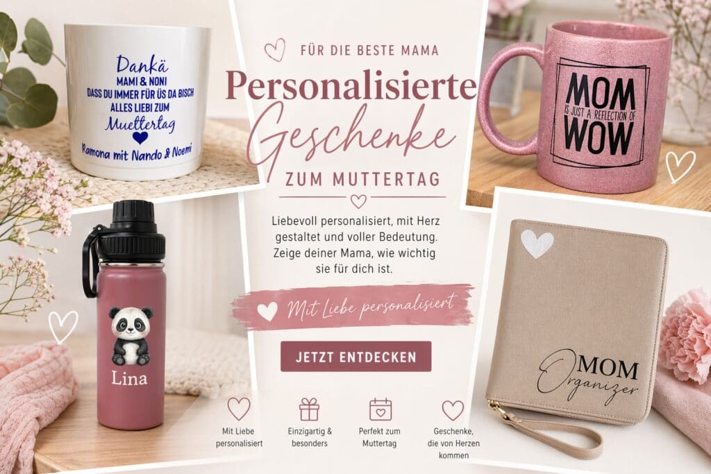 Personalisierte Muttertagsgeschenke Collage mit Tassen Trinkflasche und Organizer