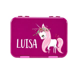 Znünibox pink mit Name personalisiert mit Einhorn Motiv für Kinder Lunchbox Schule Kindergarten
