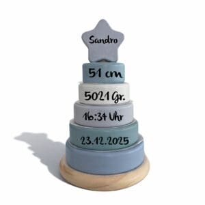 Stapelturm personalisiert blau aus Holz mit Name Sandro und Geburtsdaten Stern Motiv