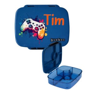 Yumbox Go dunkelblau personalisiert mit Name Tim Znünibox Kinder Gaming Controller Motiv offen