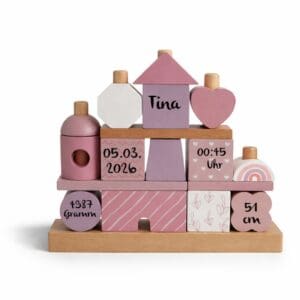 Steckspielhaus rosa personalisiert mit Name und Geburtsdaten aus Holz für Kinder