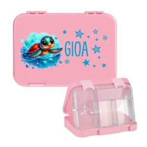 Auslaufsichere Lunchbox rosa personalisiert mit Schildkröten Motiv und Name Gioa