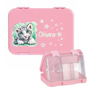 Auslaufsichere Lunchbox rosa personalisiert mit Tiger Motiv und Name Chiara
