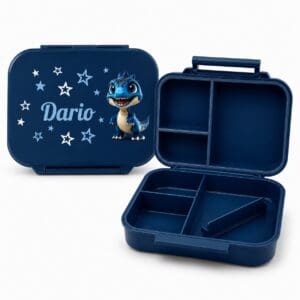 Kleine, Leichte Znünibox Blau personalisiert mit Name und Trennsteg für Kinder mit Dino-Motiv – geöffnete und geschlossene Lunchbox.