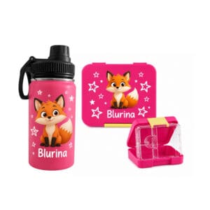 Personalisiertes Znünibox Set Pink mit Fuchs und Name Blurina – Lunchbox und Trinkflasche