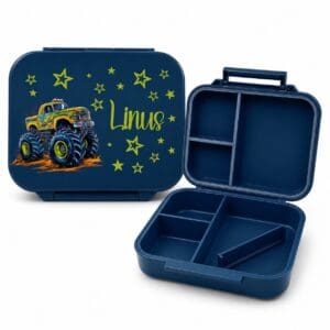 Kleine, Leichte Znünibox Blau personalisiert mit Name und Trennsteg für Kinder mit Monstertruck-Motiv – geöffnete und geschlossene Lunchbox.