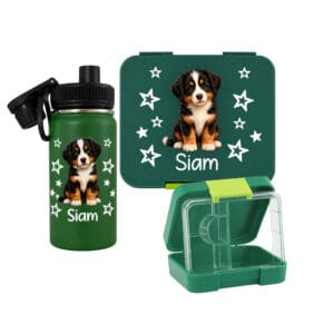 Personalisiertes Znünibox Set Dunkelgrün mit Bernersennenhund und Name Siam