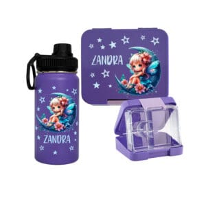 Znünibox Set Violett personalisiert mit Name – Lunchbox und Trinkflasche mit Feenmotiv von Nilana
