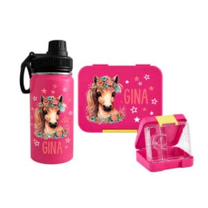 Personalisiertes Znünibox Set Pink mit Pferd und Name Gina – Lunchbox und Trinkflasche