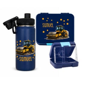 Personalisertes Znünibox Set Dunkelblau für Kinder mit Walzen-Motiv – Lunchbox und Trinkflasche mit Name Samuel
