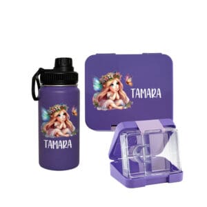 Znünibox Set Violett personalisiert mit Name – Lunchbox und Trinkflasche mit Feenmotiv von Nilana