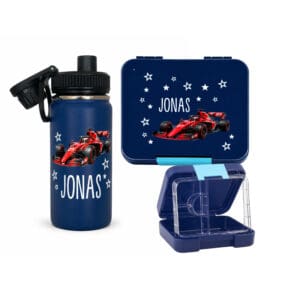 Personalisertes Znünibox Set Dunkelblau für Kinder mit rotem Rennauto – Lunchbox und Trinkflasche mit Name Jonas