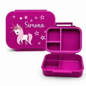 Personalisierte Znünibox Pink mit Einhornmotiv, Name Simona und geöffneter Innenansicht für Kindergarten und Schule