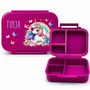 Personalisierte Znünibox Pink mit Einhornmotiv und Name Tinja sowie geöffneter Innenansicht für Kindergarten und Schule