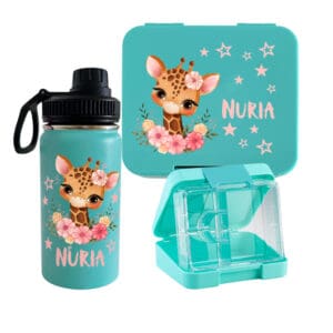 Znünibox Set Mint personalisiert mit Giraffen-Motiv – Lunchbox und Trinkflasche mit Name Nuria für Kindergarten und Schule