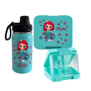 Znünibox Set Mint personalisiert mit Meerjungfrau und Narwal – Lunchbox und Trinkflasche mit Name Mara für Kindergarten und Schule