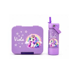 Znünibox Set Lila personalisiert mit Einhorn-Motiv und Name Viola – Lunchbox und 500-ml-Thermosflasche für Kinder