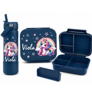 Kinder Znünibox Set Blau personalisiert mit Einhorn-Motiv und Name Viola – Lunchbox mit Trennsteg und 500-ml-Thermoflasche