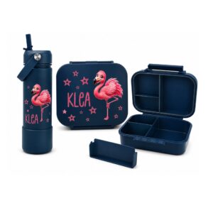 Kinder Znünibox Set Blau personalisiert mit Flamingo-Motiv und Name Klea – Lunchbox mit Trennsteg und 500-ml-Thermoflasche